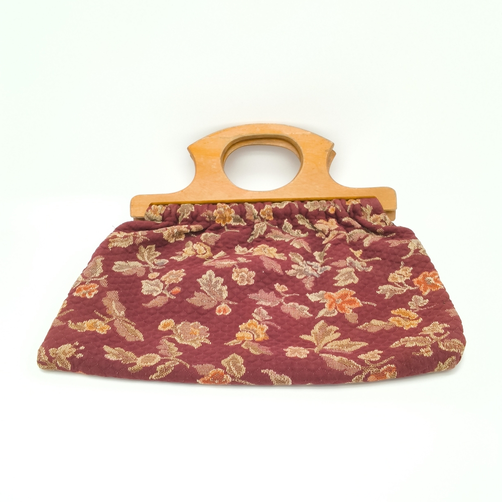 Vintage 1960s/70s Floral Tapestry Handbag/Crafting Bag - Cutout Wooden Handles